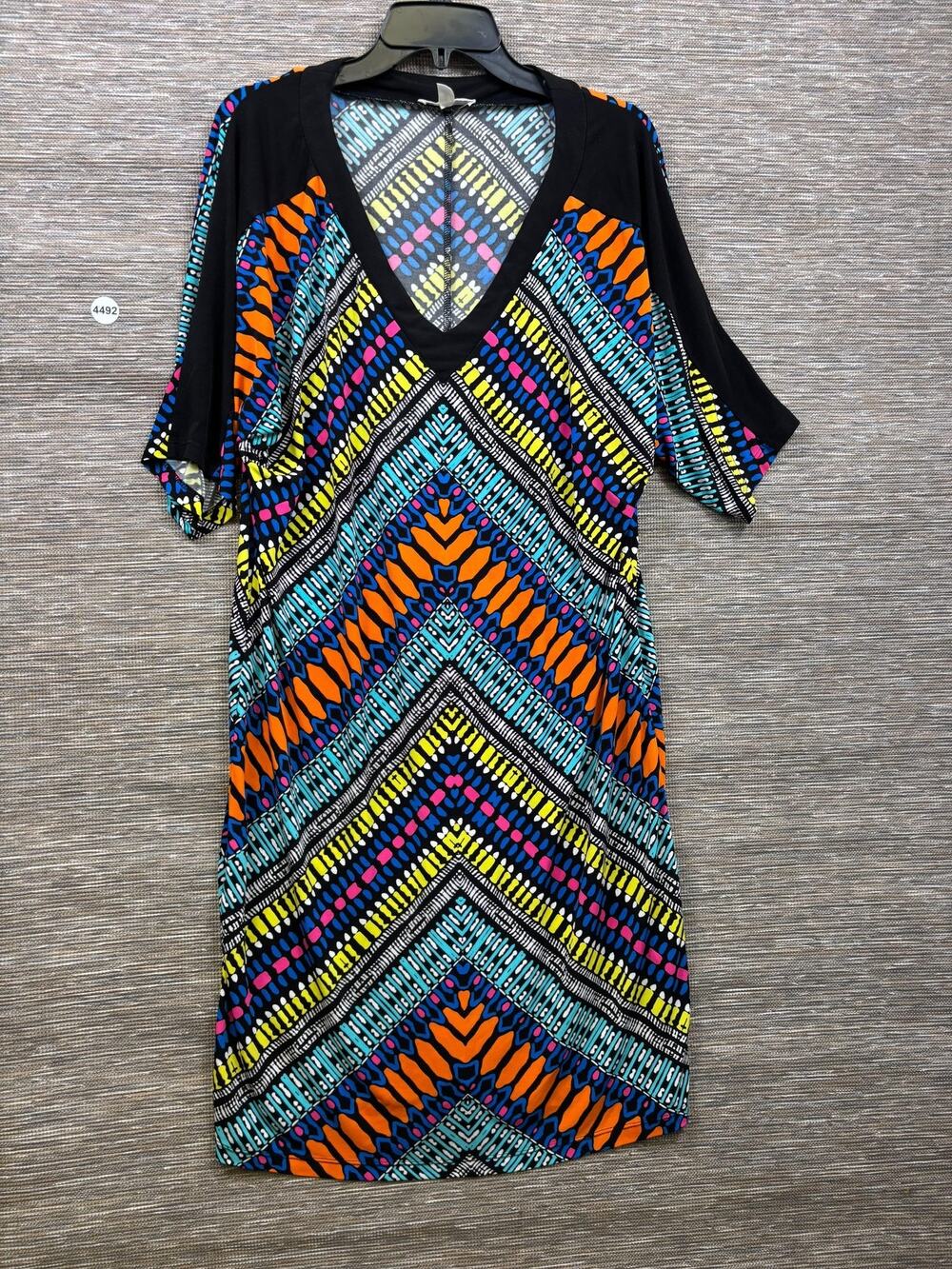London Times Dress Womens 10 Multicolor Chevron V Neck Dolman Shift Knee Length